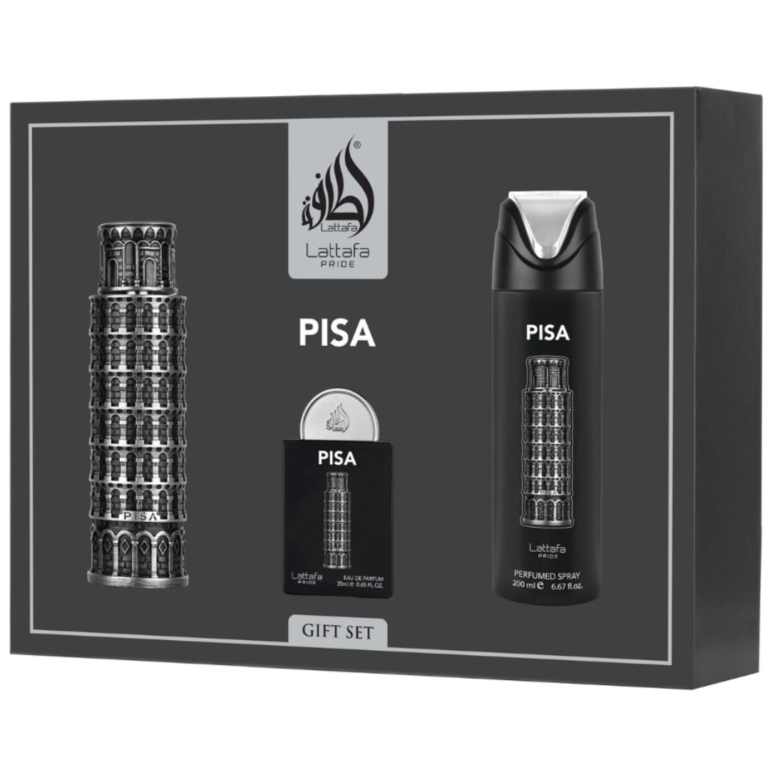 Estuche Lattafa Pride Pisa Unisex 4pzs 100ml Edp+ 20ml Edp + Splash + Atomizador Recargable