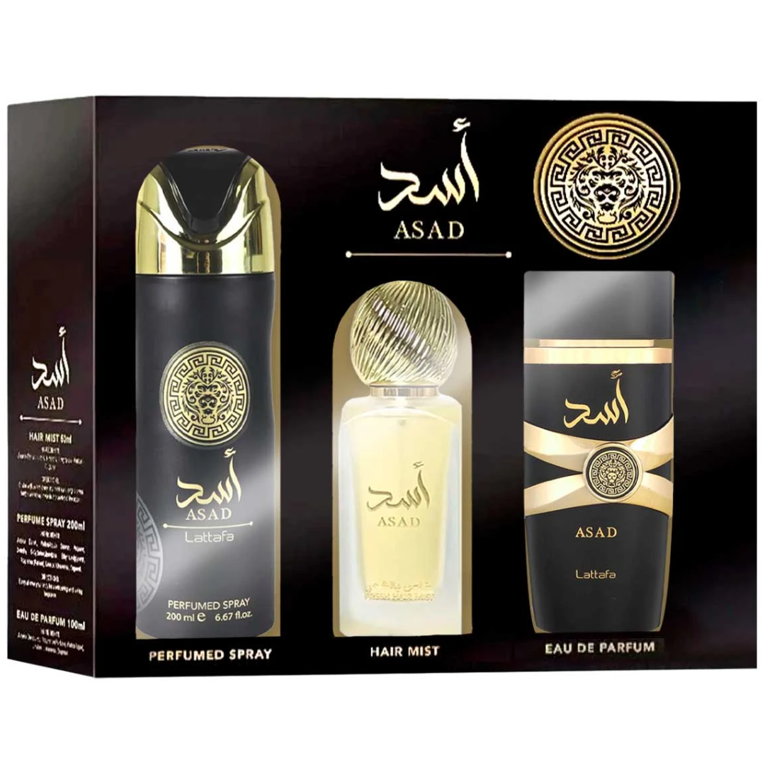Estuche Lattafa Asad Hombre 3pzs 100ml Edp + Splash + Splash De Cabello