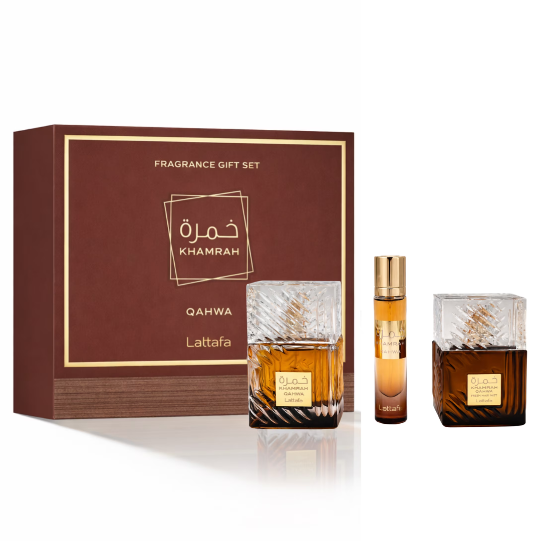 Estuche Lattafa Khamrah Qahwa Unisex 3pzs 100ml Edp + 12m Edp + Splash Para Cabello