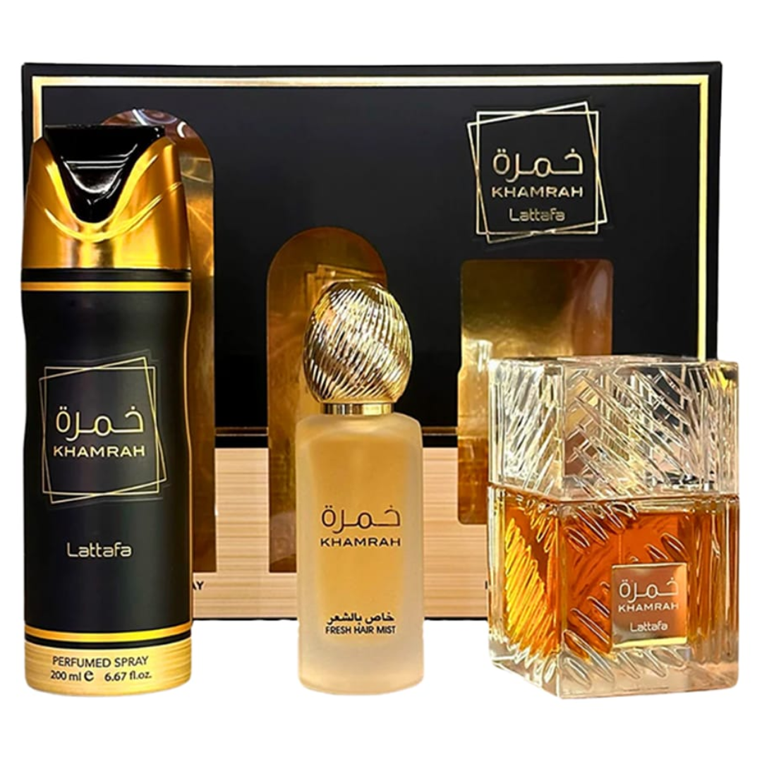Estuche Lattafa Khamrah Unisex 3pzs 100ml Edp + Desodorante + Perfume Para Cabello