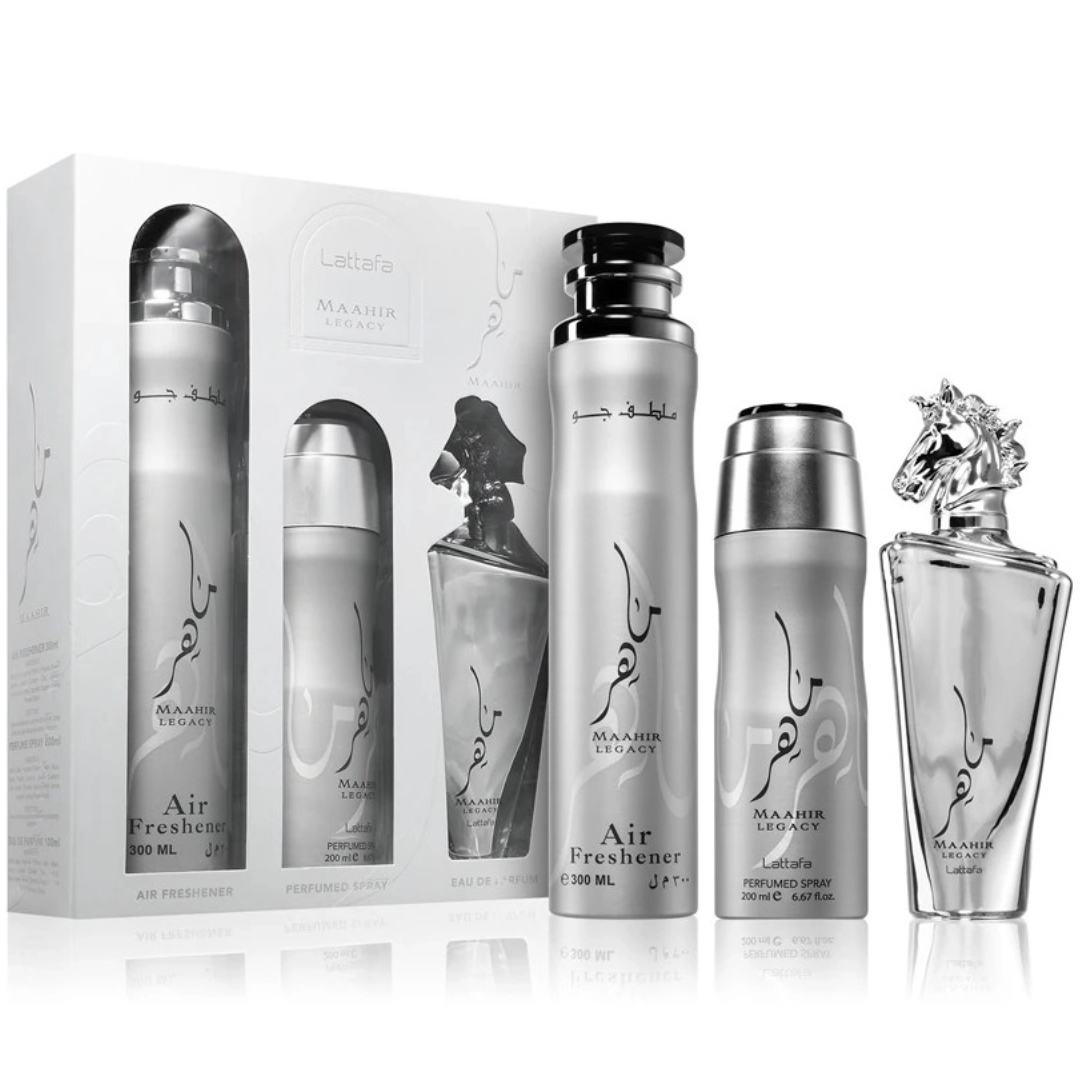 Estuche Lattafa Maahir Silver Unisex 3pzs 100ml Edp + Splash + Spray Ambientador