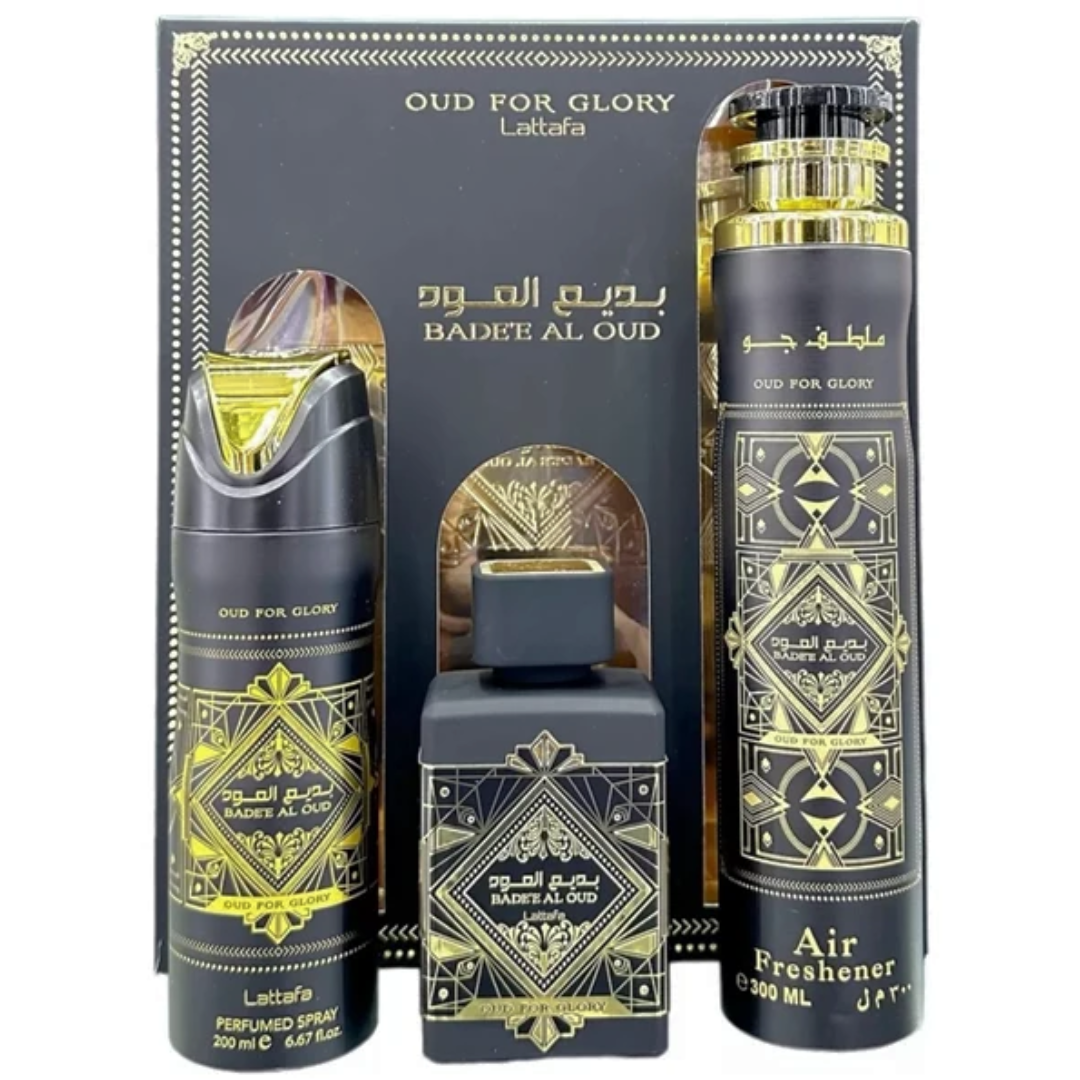 Estuche Lattafa Oud For Glory Unisex 3pzs 100ml Edp + Desodorante + Ambientador De Hogar