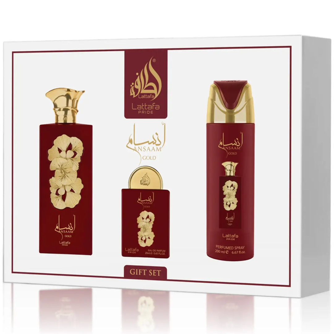 Estuche Lattafa Pride Ansaam Gold Unisex 3pzs 100ml Edp + 20ml Edp + Splash