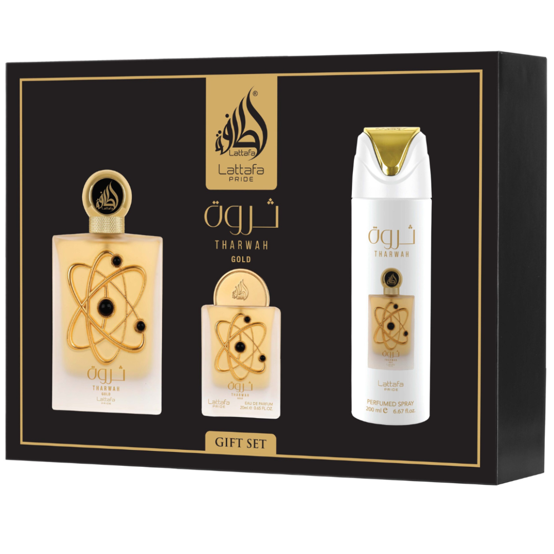 Estuche Lattafa Pride Tharwah Gold Unisex 3pzs 100ml Edp + 20ml Edp + Splash