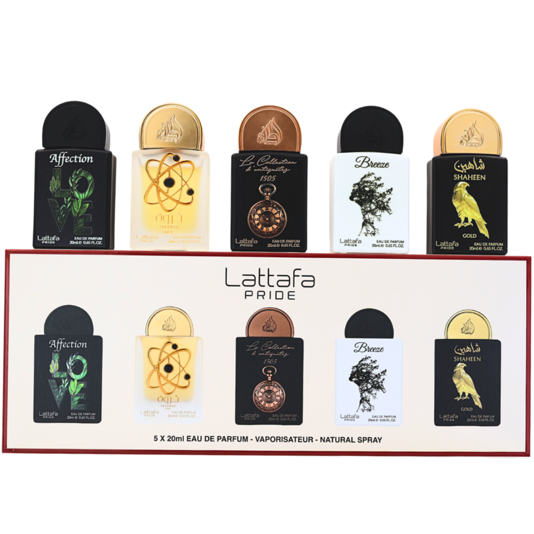 Estuche Minis Lattafa 5x20ml Edp Affection + Tharwah Gold + Collection Reloj + Breeze + Shaheen Gold