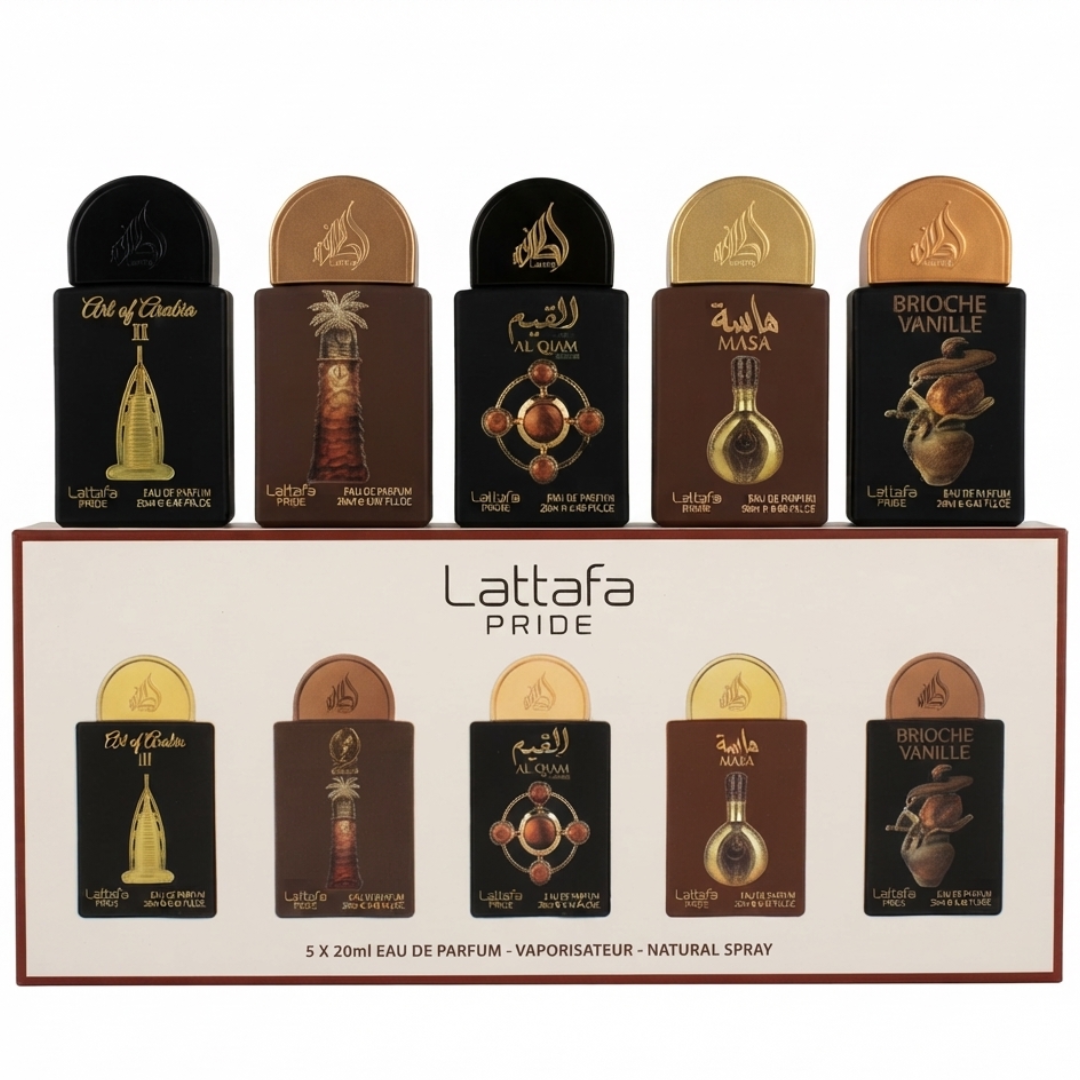 Estuche Minis Lattafa 5x20ml Edp Art Of Arabia + Ajwaa + Al Qiam Gold + Masa + Brioche Vanille