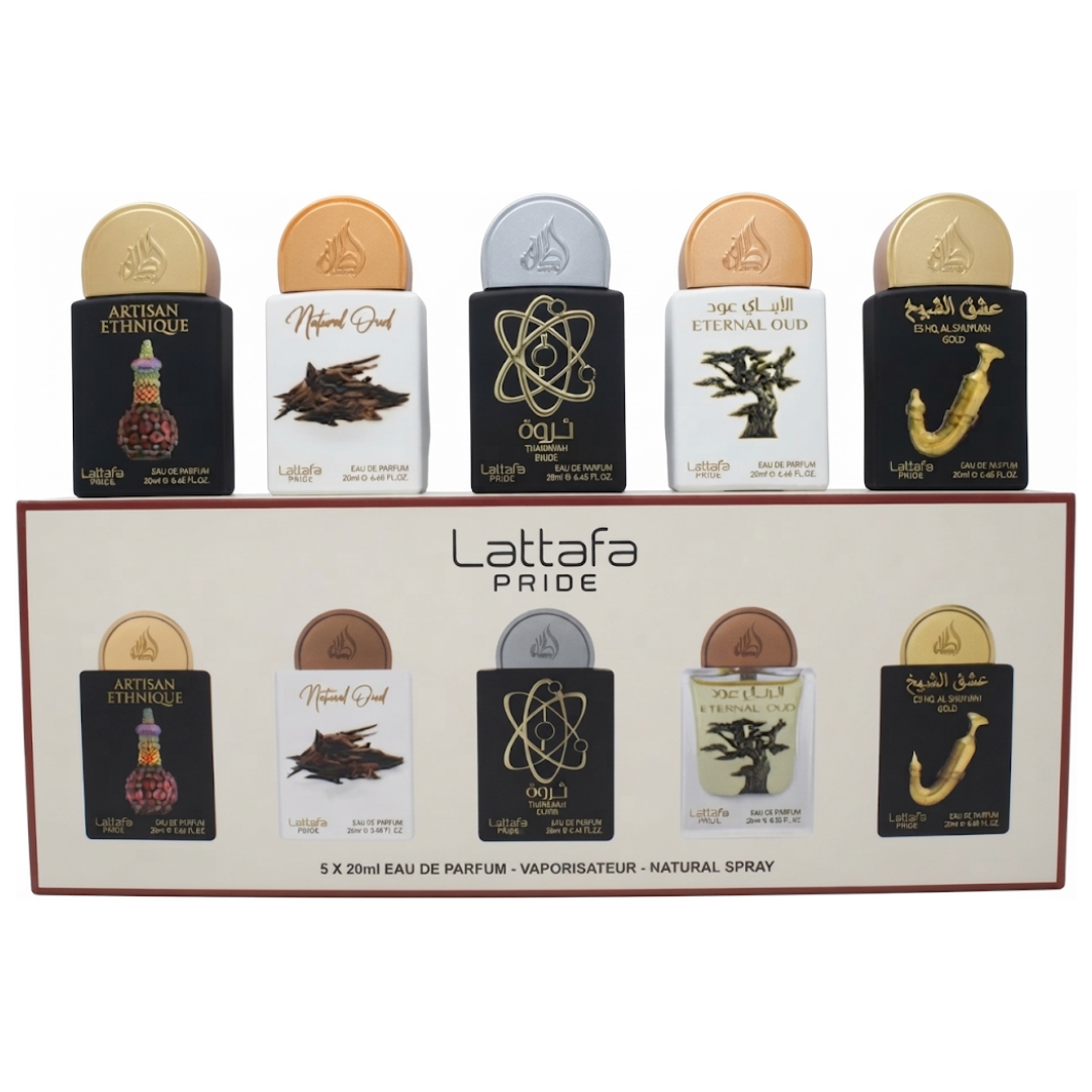 Estuche Minis Lattafa 5x20ml Edp Artisan Ethnique + Natural Oud + Tharwah Silver + Eternal Oud + Ish