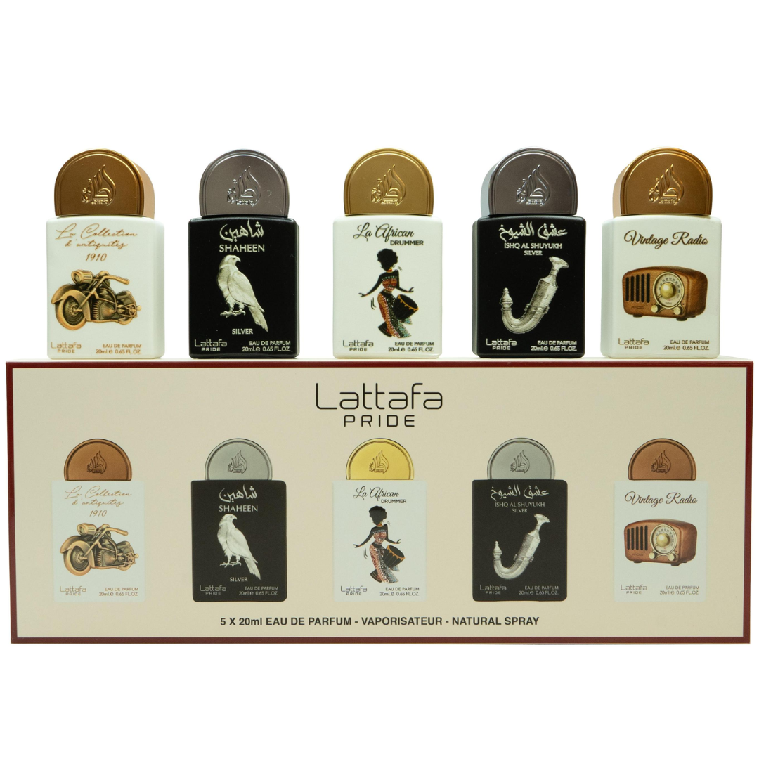Estuche Minis Lattafa 5x20ml Edp Moto + Shaheen Silver + La African + Ishq Silver + Vintage Radio