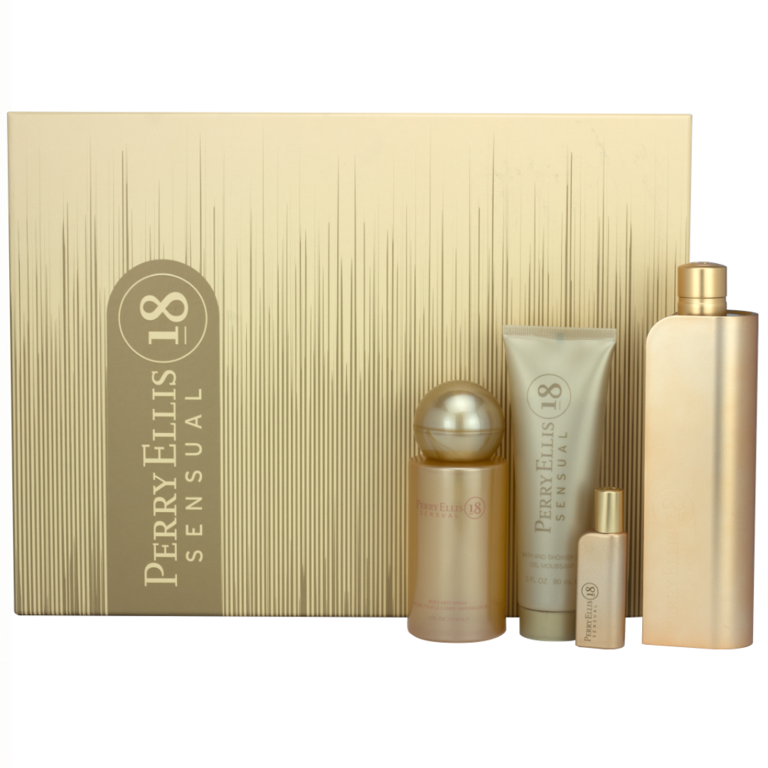 Estuche Perry Ellis 18 Sensual Mujer 4pzs 100ml Edp + 7.5ml Edp + Splash + Gel De Baño