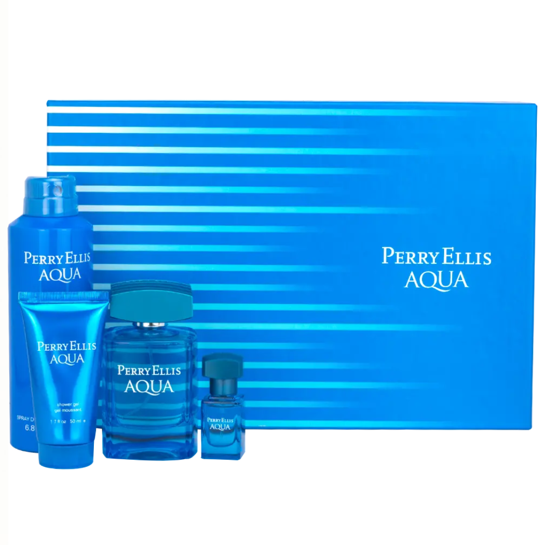 Estuche Perry Ellis Aqua Hombre 4pzs 100ml Edt + 7.5ml Edt + Desodorante + Shower Gel