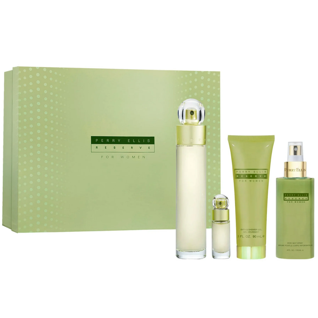 Estuche Perry Ellis Reserva Mujer 4pzs 100ml Edt + 7.5ml Edt + Splash + Crema