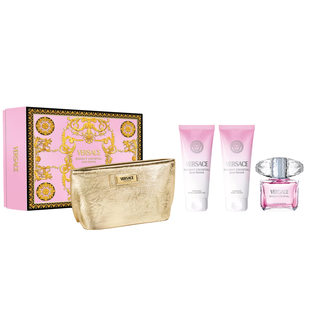 Estuche Versace Bright Crystal Mujer 4pzs 90ml Edt + Crema + Gel De Baño - Cosmetiquera