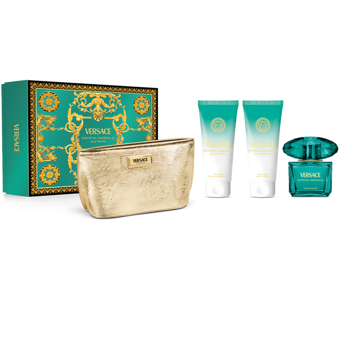 Estuche Versace Crystal Emerald Mujer 4pzs 90ml Edp + Crema + Gel De Baño + Cosmetiquera