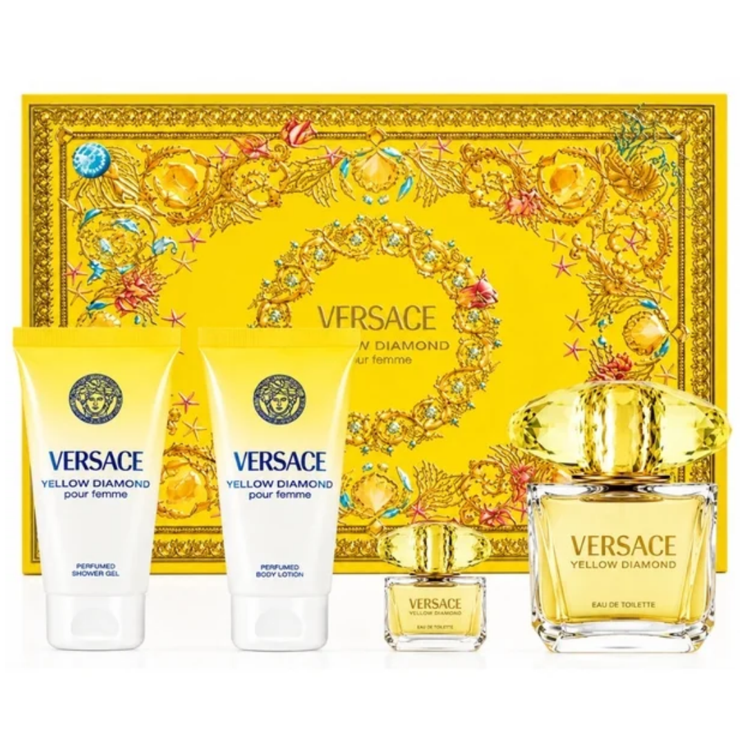 Estuche Versace Yellow Diamonds Mujer 4pzs 90ml Edt + 5ml Edt + Crema + Gel De Baño