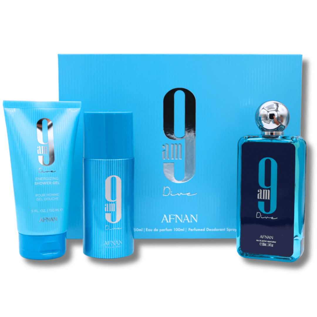 Estuche Afnan 9 AM Dive Unisex 3pzs 100ml Edp + Gel De Baño + Desodorante